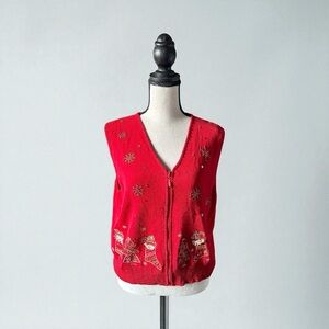 Draper’s & Damon’s Women’s Red Holiday Christmas Sweater Vest Zip Front Size PS